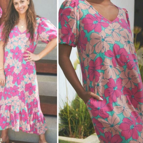 The Odells x Oh Joy Julia Maxi Dress Pink Floral Hibiscus Puff Sleeves Size S - Picture 3 of 12